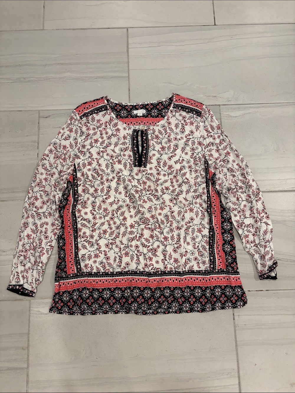 J. Jill Border Floral Print Long Sleeve Blouse Top